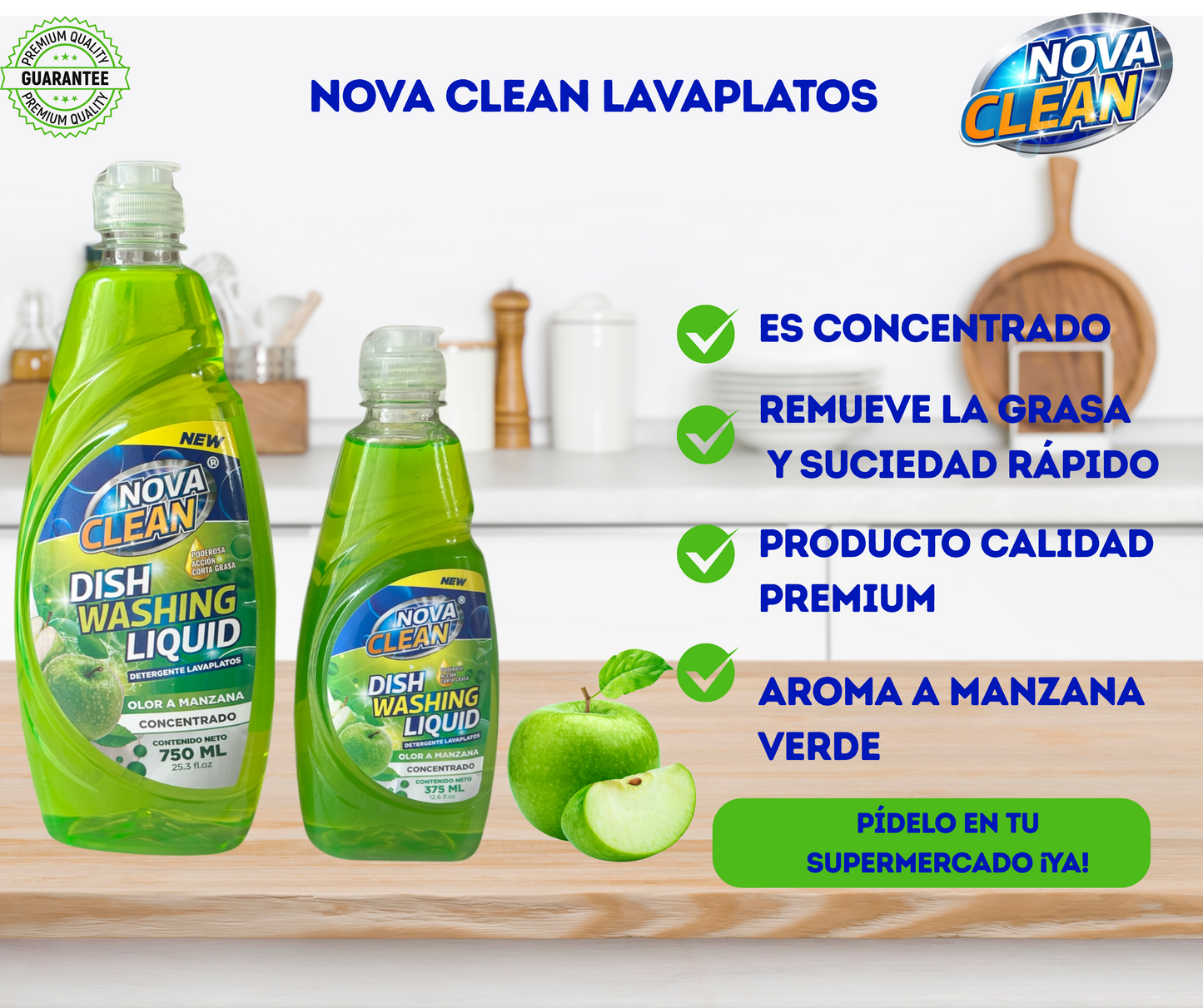 Nova Clean – Lavaplatos Manzana Verde (750 ml / 25.3 oz)